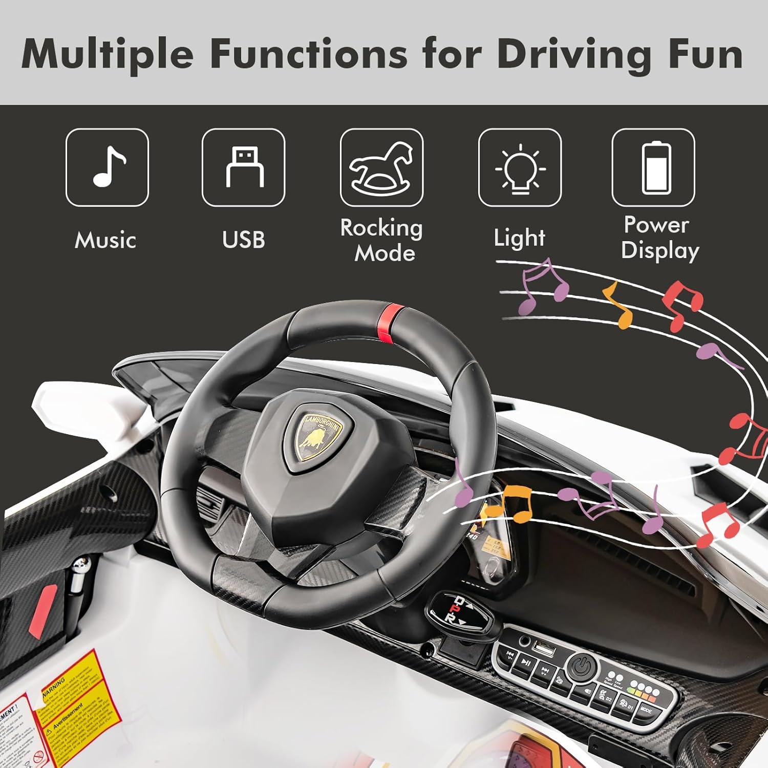 INFANS 2 Seater Kids Ride on Car, 12V 4WD Licensed Lamborghini Veneno Powered Electric Vehicle with Hydraulic Doors, Rocking Mode, Adjustable Speeds, Remote Control, MP3, Headlight (White) - Image 4