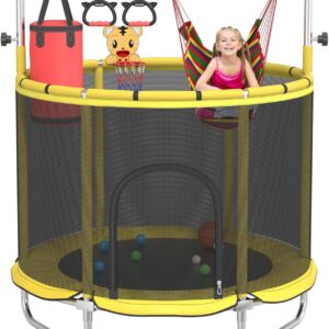Kids’ Trampoline, 60″ Indoor & Outdoor Toddler Trampoline with Adjustable Gymnastics Bar & Basketball Hoop, Ideal Toy Gift for Boys & Girls