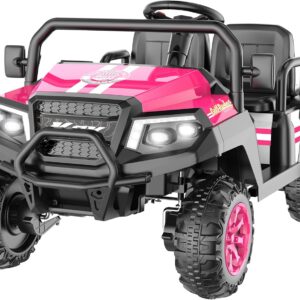 Electric Car for Kids, 24V 4 Seater Ride on Toys w/Parent Remote, 4 Wheeler Suspension, Max 220lbs Weight Capacity, USB, Music, Radio, LED Light, Ride on Truck for Boy/Girl Ages 3-8, Pink