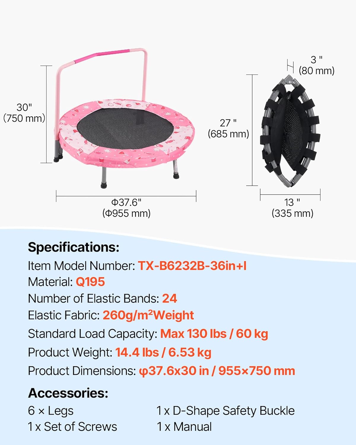 VEVOR 36" Kids Trampoline, 3FT Indoor Outdoor Trampoline, Foldable Mini Trampolines with Handle, Rebounder for Toddlers, Birthday Gift for 3+ Years Children, Boys Girls for Fun, Red - Image 7