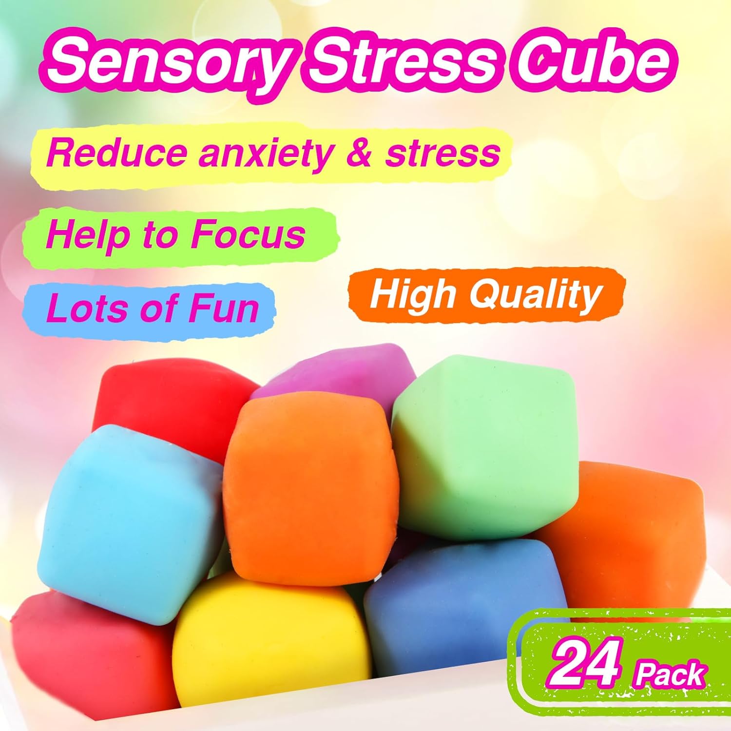 24 Pack Slow Rising Stress Cube , Dough Stress Balls Soft Fidget Squishy Toys for Anxiety Relief, Pull Stretch Classroom Prize Party Favors Toys for Kids - Image 3