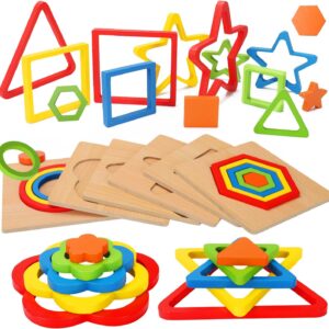 AugToy Toddler Puzzles Montessori Toy Wooden Shape Sorting Puzzle Sensory Toy Toddler Activities Preschool Learning Educational Autistic Developmental 1 2 3 Year Old Girl Boy 1-3 Dementia Game Gift