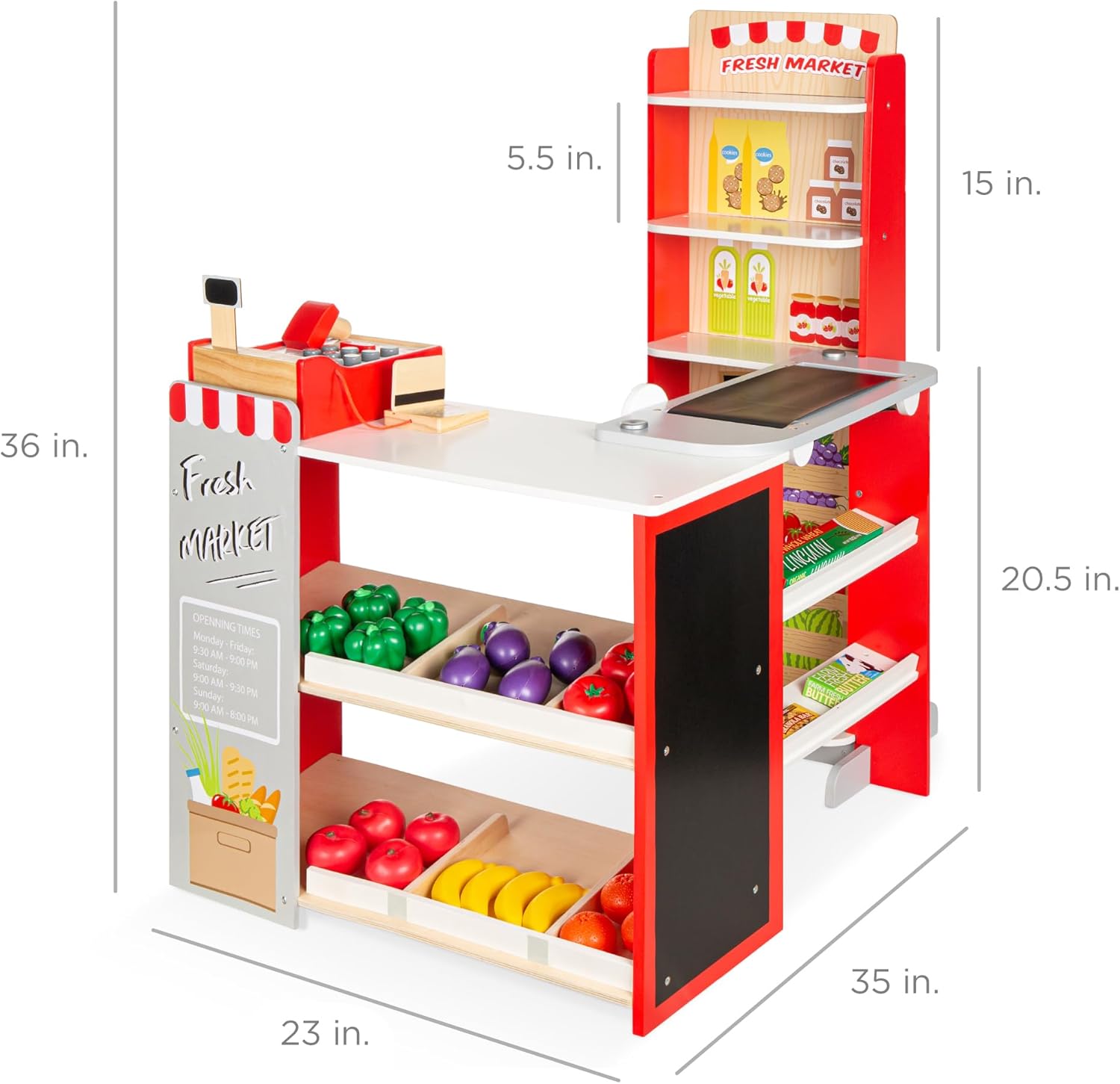 Best Choice Products Pretend Play Grocery Store Wooden Supermarket Toy Set for Kids w/Play Food, Chalkboard, Cash Register, Working Conveyor - Red - Image 7