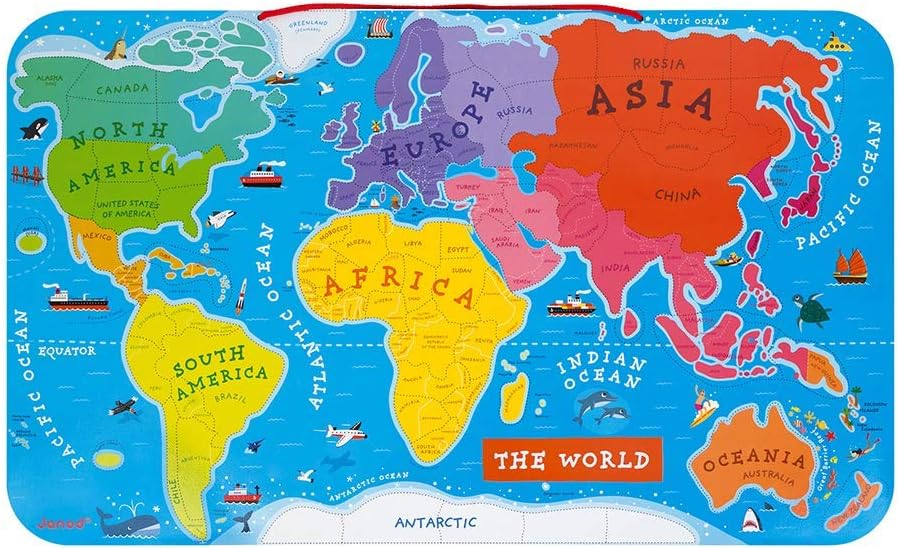 Janod - Wooden Magnetic World Map Puzzle 70 x 43 cm - Assembling Puzzles Together - Educational Geography Tool - Interactive Exploration, Durable Magnetic Pieces - Ages 7+ - J05504