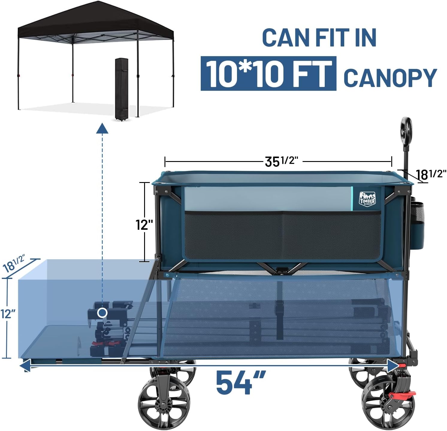 TIMBER RIDGE 400L Large Capacity Folding Double Decker Wagon with Brakes, 54" Extra Long Extender Wagon Cart, 450lbs Heavy Duty Collapsible Cart, All-Terrain Big Wheels for Camping, Sports, Shopping - Image 6