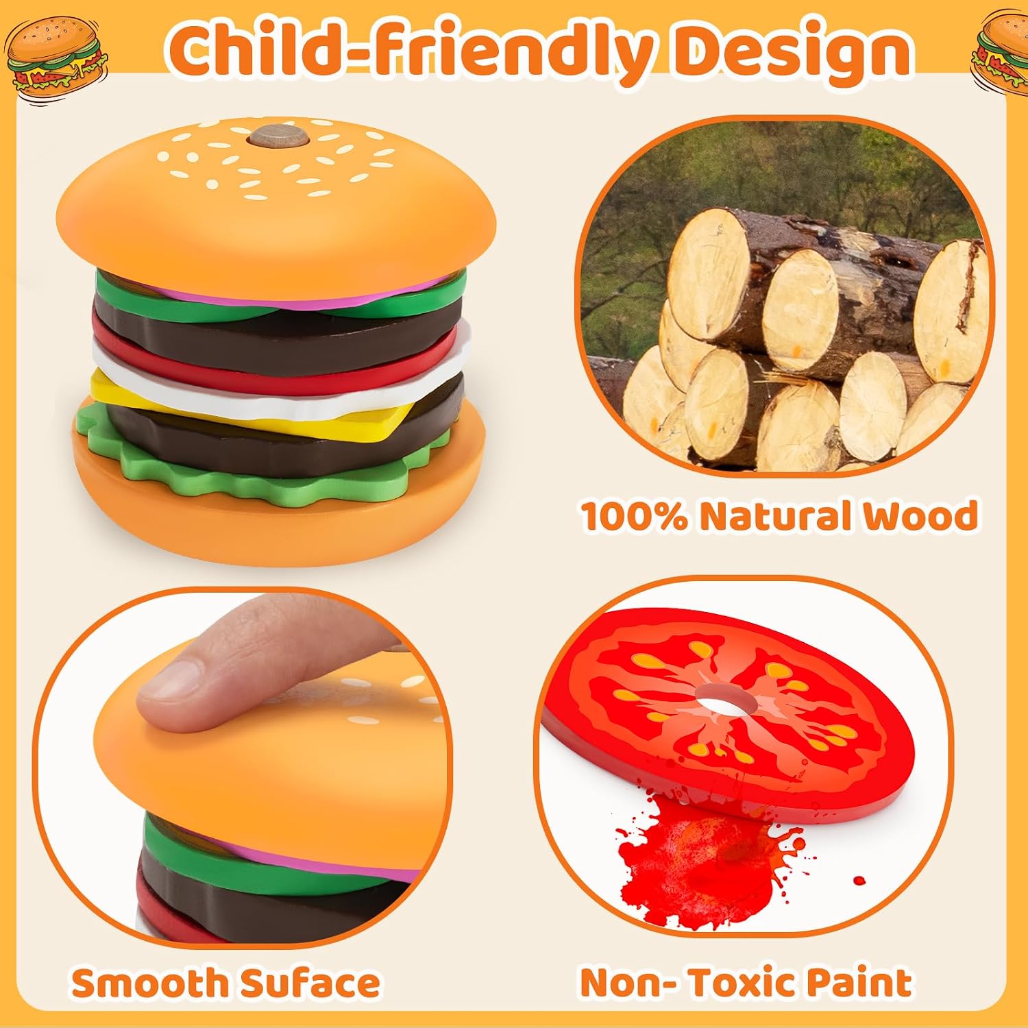 Jumlys Montessori Wooden Burger Stacking Toys for 2, 3, 4, 5 Year Olds, Fine Motor Toys for Kids Boys Girls, Ideal Preschool Educational and Learning Toys, Perfect Christmas Birthday Gifts - Image 4