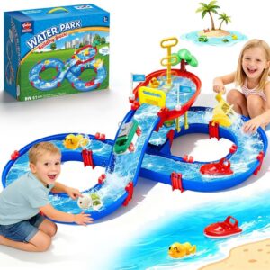 VATOS 2-Tier Outdoor Water Table Toys for Kids, 61PCS DIY Summer Waterways Playset with Pump, Toddler Water Park Toys for Pool Backyard Beach, Sensory Activity Fun Toy Gift for Boys Girls 3-5 4-8