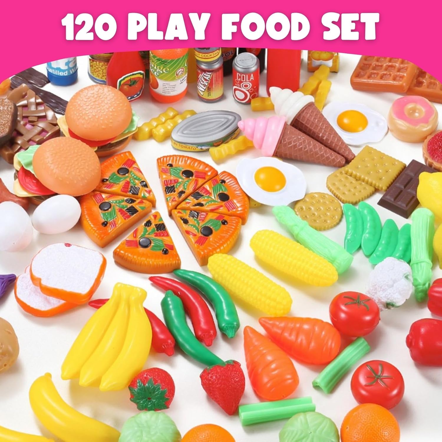 120 Piece Deluxe Pretend Play Food Toy Tasty Treats Plastic Cooking and Grocery Shopping Assortment Set - Image 3