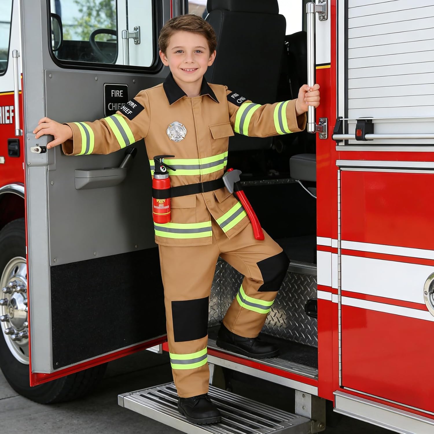 Colorful House Kids Fireman Costume Unisex Firefighter Dress up Fire Fighter with Toy Accessories Halloween Role Play - Image 6