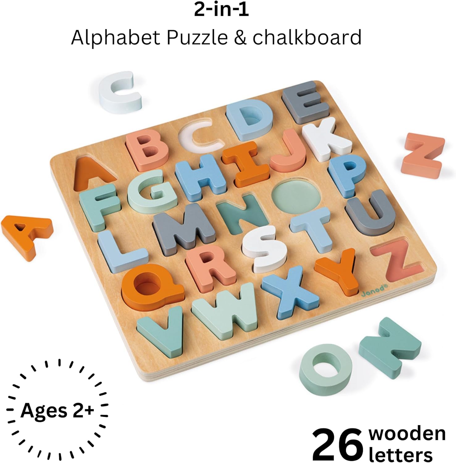 Janod - Sweet Cocoon Wooden Alphabet Learning Puzzle - Alphabet Learning - Stylish Stand-Up Letters - Enhances Language Skills, Boosts Self-Confidence - Includes Chalkboard Feature. - Image 2