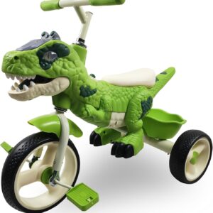 Dinosaur Kids Tricycle for Ages 3-7 Years, Kids Trike Bike Big Wheel with Rubber Wheels, Storage Basket and Music Light, Indoor Outdoor Preschool Kids Bike, Gift for Ages 3-7 Girls & Boys