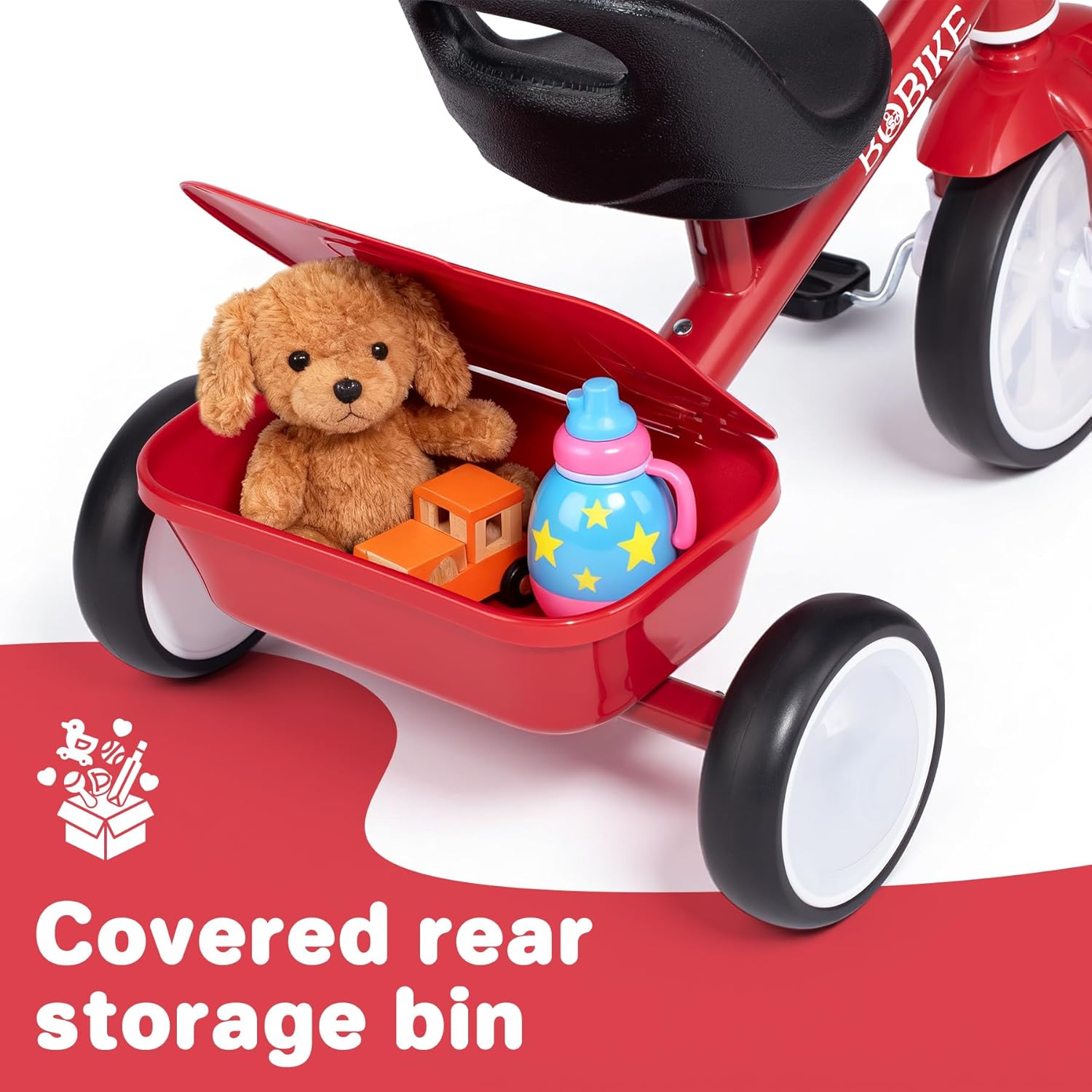 Bobike Toddler Tricycle for Ages 2-5 Years, Tricycle with 2 LED Light Wheels, Toddler Bike with 3-Position Seat and Rear Basket, Kids Bike Gift for Boys & Girl (Red) - Image 2