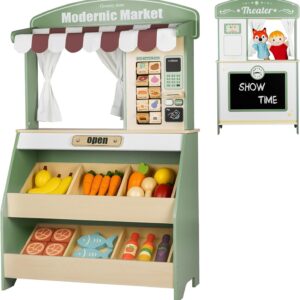 Kids Grocery Store Pretend Play, Puppet Theater&Grocery Store Playset Toy Double-Sided, Toddler Supermarket Toy Cash Register w/Blackboard, Display Shelves, Gift for Boys Girls, Green