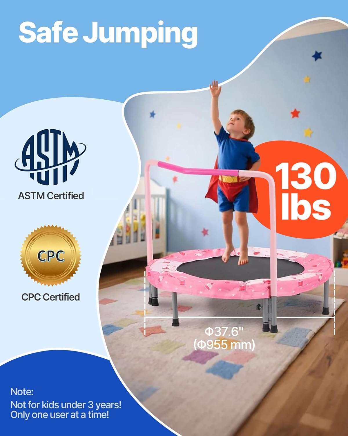 VEVOR 36" Kids Trampoline, 3FT Indoor Outdoor Trampoline, Foldable Mini Trampolines with Handle, Rebounder for Toddlers, Birthday Gift for 3+ Years Children, Boys Girls for Fun, Red - Image 2