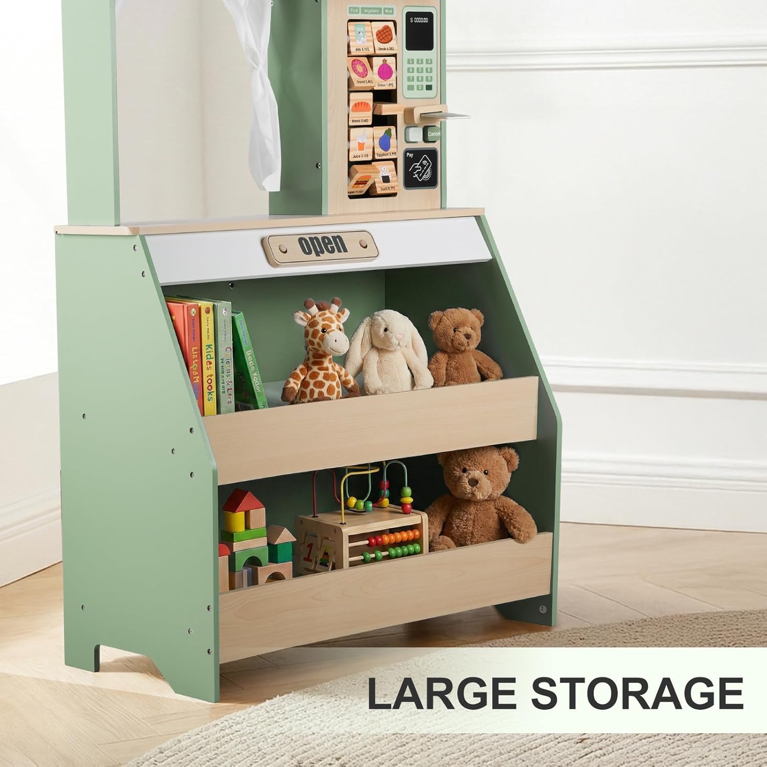 Kids Grocery Store Pretend Play, Puppet Theater&Grocery Store Playset Toy Double-Sided, Toddler Supermarket Toy Cash Register w/Blackboard, Display Shelves, Gift for Boys Girls, Green - Image 7