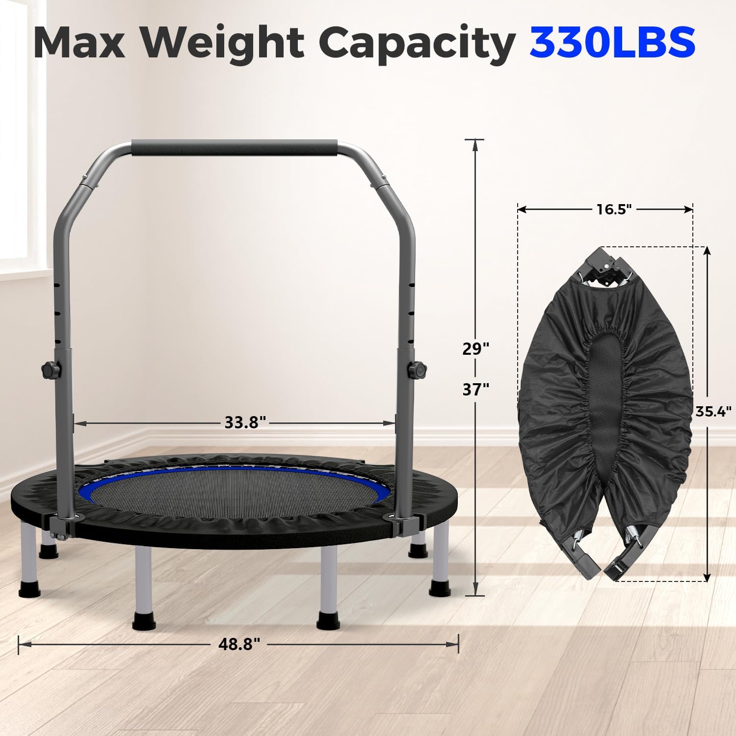 40"/48" Rebounder Trampoline for Adults Mini Trampoline for Adults and Kids Exercise Rebounder with Bar Fitness Trampoline Indoor Height Adjustable Max Load 330/440lbs - Image 2