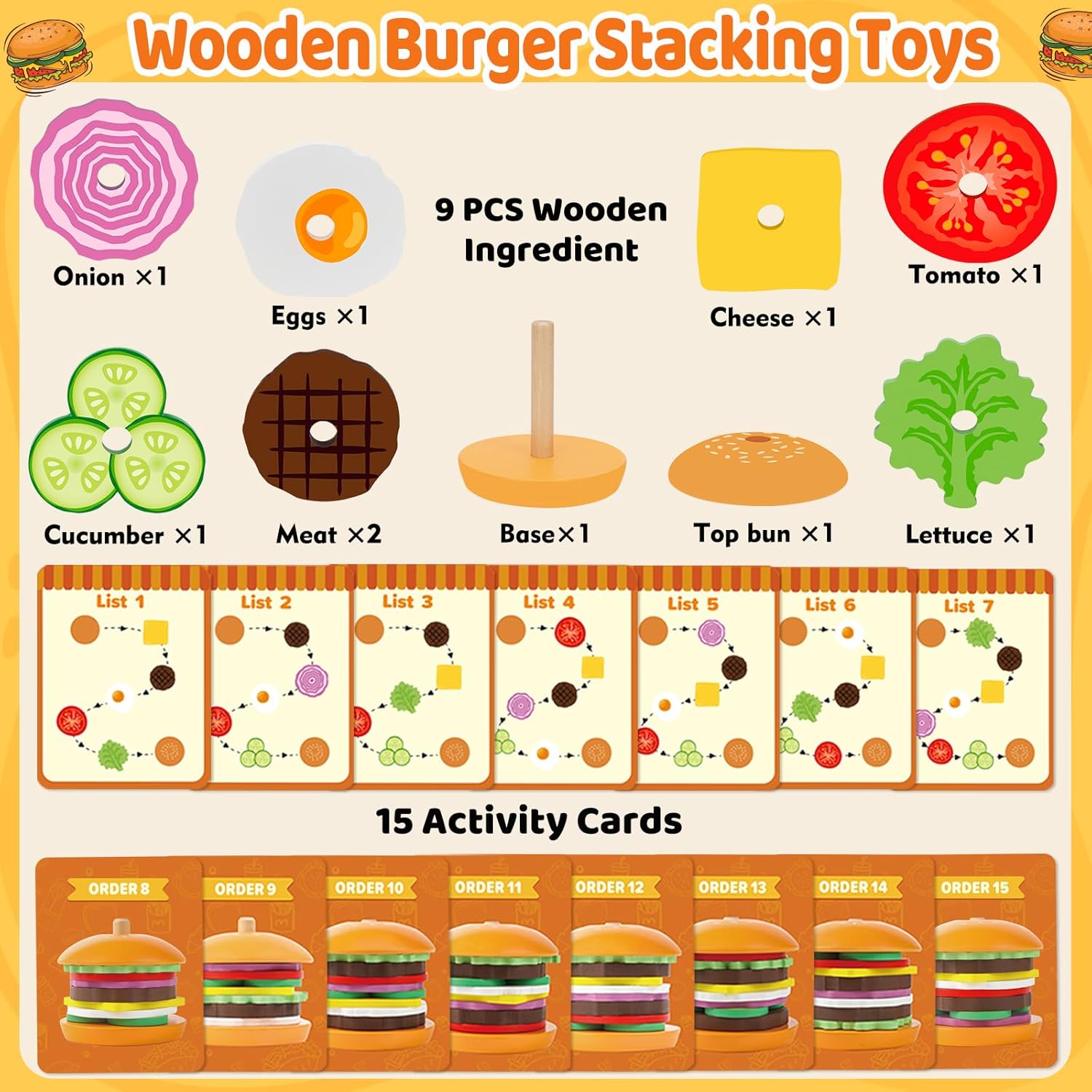 Jumlys Montessori Wooden Burger Stacking Toys for 2, 3, 4, 5 Year Olds, Fine Motor Toys for Kids Boys Girls, Ideal Preschool Educational and Learning Toys, Perfect Christmas Birthday Gifts - Image 2