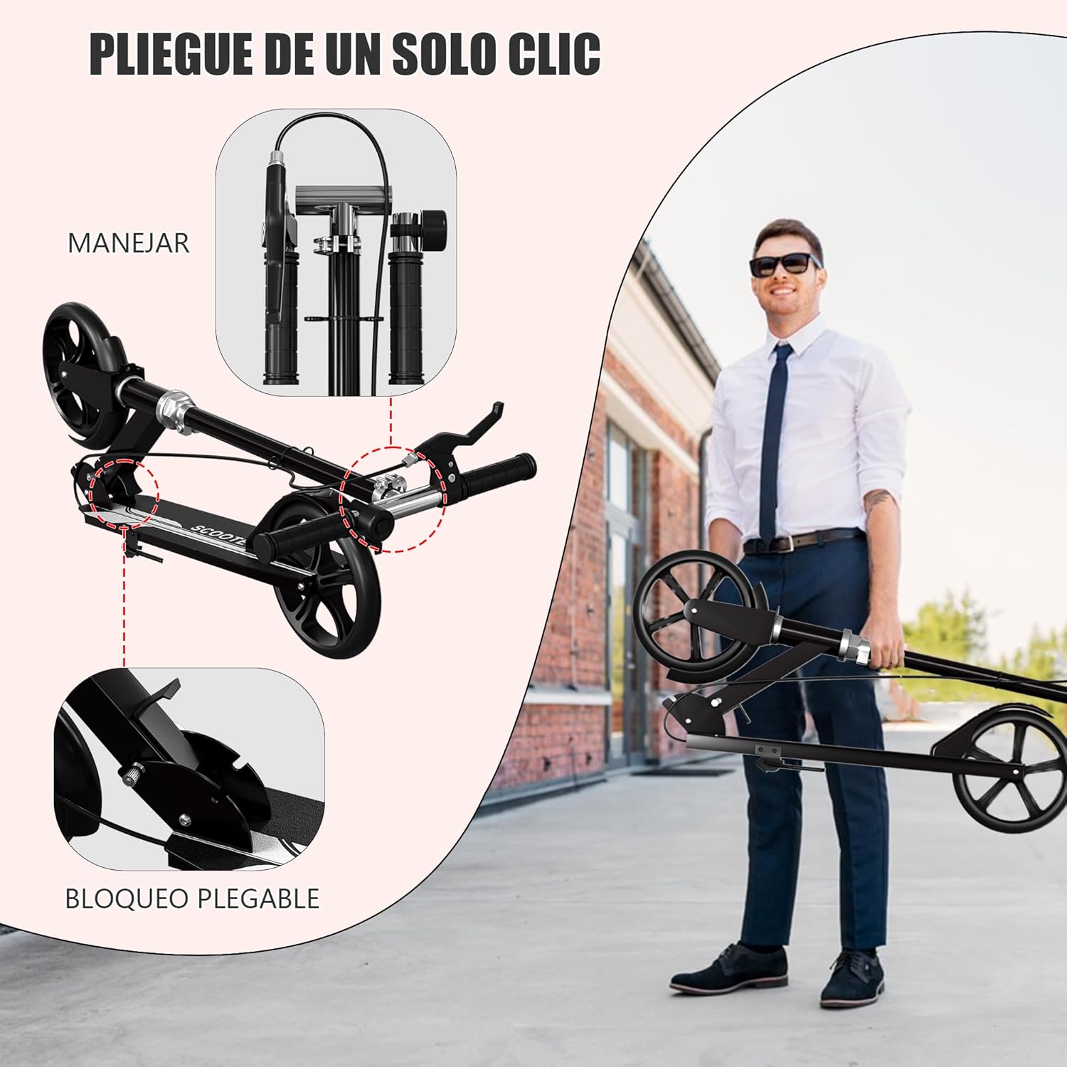 Non-Electric Scooters for Kids 8-12, Teens & Adults - Foldable Commuter Scooter with 8" Wheels, Bell, Hand Brake & Adjustable Height 30"-40.5", 220LB Capacity, Manual Push Scooter for Campus & Park - Image 4