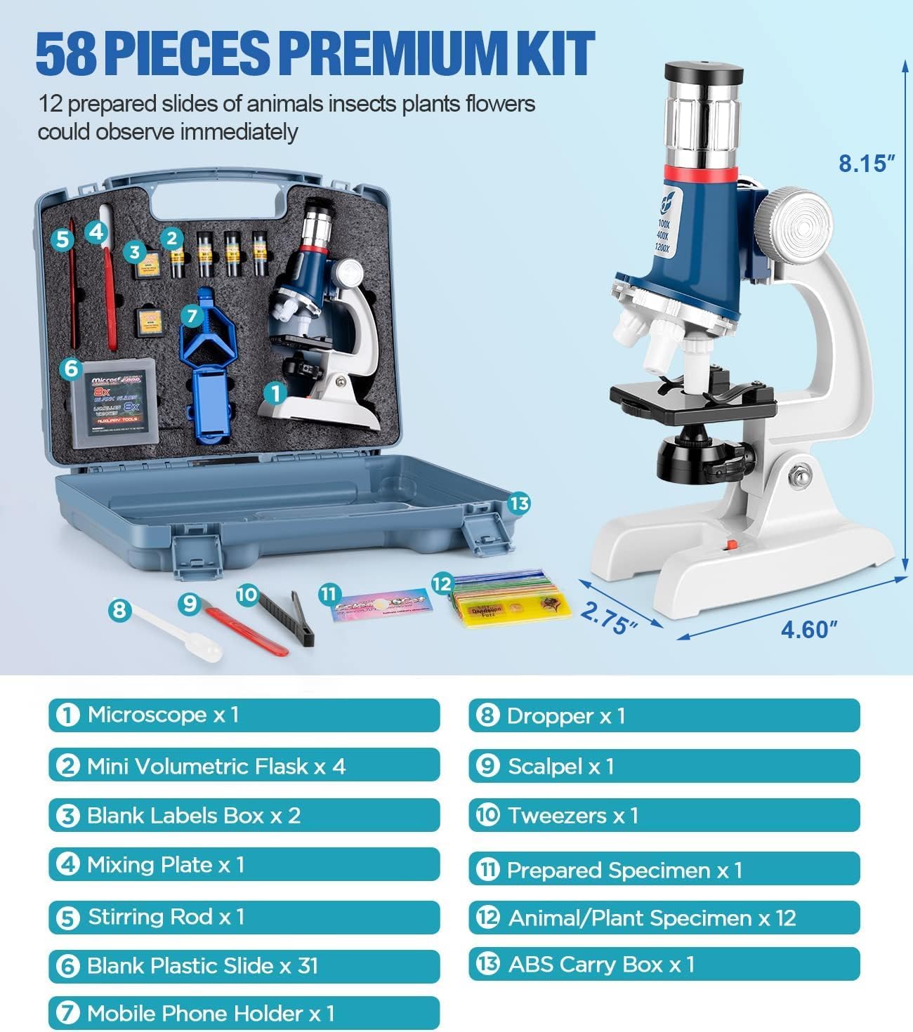 58-Piece Kids Microscope Kit - 100X-1200X Magnification, Metal Body, LED Light, Carrying Box - Science Experiment Toy for Kids Ages 5-12 - Image 5
