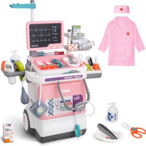 Doctor Kit for Toddlers – Deluxe Pretend Play Medical Cart Toy Set with Stethoscope ,Thermometer,Doctor Costume & Carry Bag – Educational Role Play Gift for Kids Boys & Girls Ages 3 4 5（Pink）