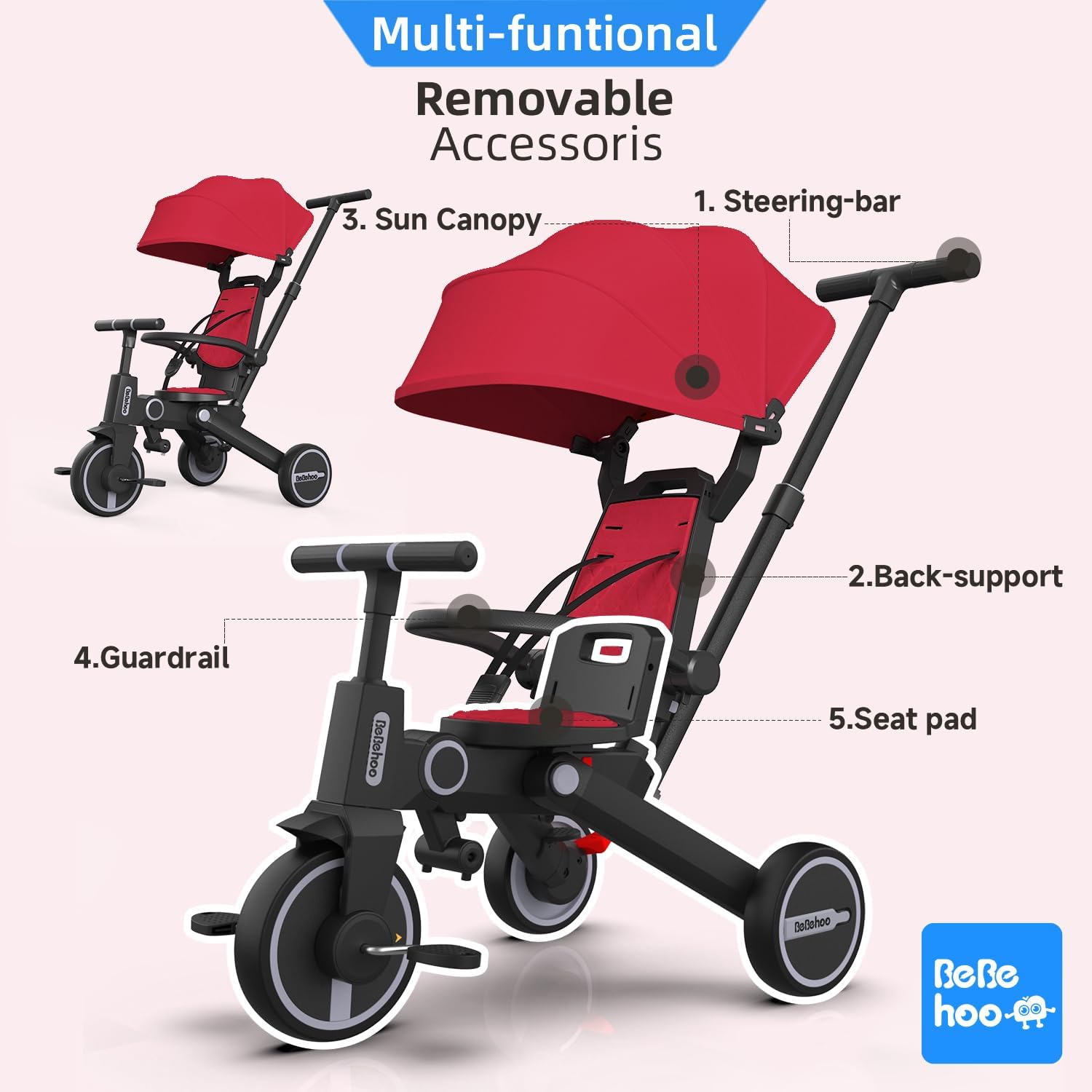 Tricycle Stroller for Toddler,Foldable Baby Tricycle,Kids Balance Bike with Push Handle,Toddlers Stroller Bike with 1 to 5 Years,7-in-1 Push Tricycle Bike for Kids (Red) - Image 4