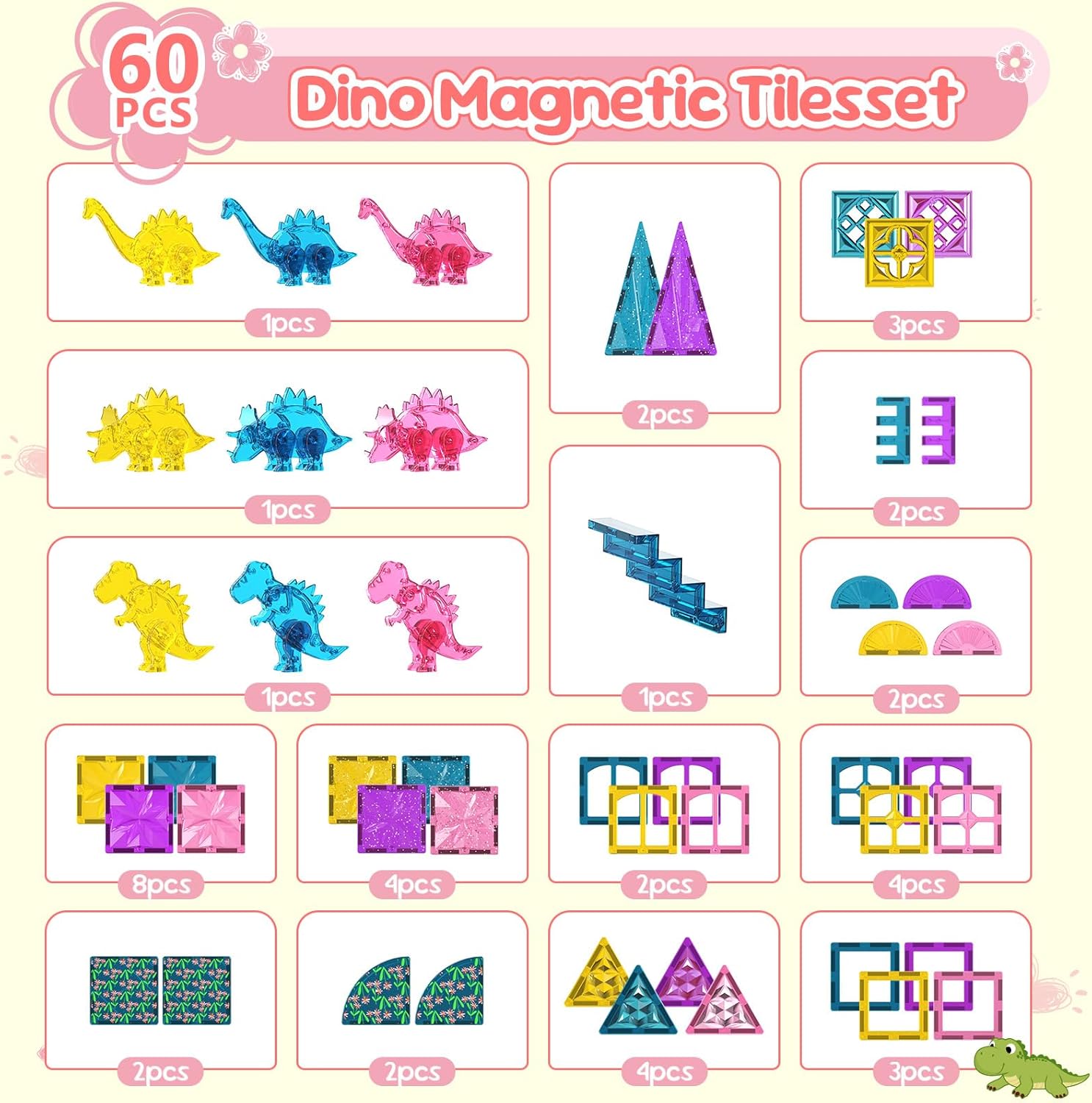 60PCS Dinosaur Toys Magnetic Tiles for Girls, Magnetic Building Blocks Sensory Dino Toy for Girl Ages 3-5 4-8 Year Old, Girl Toys Dinosaur Decorations Birthday Gifts for 3+ Years Old Kids Boys - Image 5