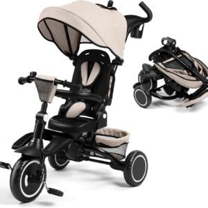 Kinder King Kids Trike Tricycle for Toddlers 1-3, 8 in 1 Folding Toddler Tricycle Bike w/1-Step Brake, Adjustable Push Handle, Rotatable Seat, Adjustable Canopy, Bell, 5-Point Harness, Storage, Khaki