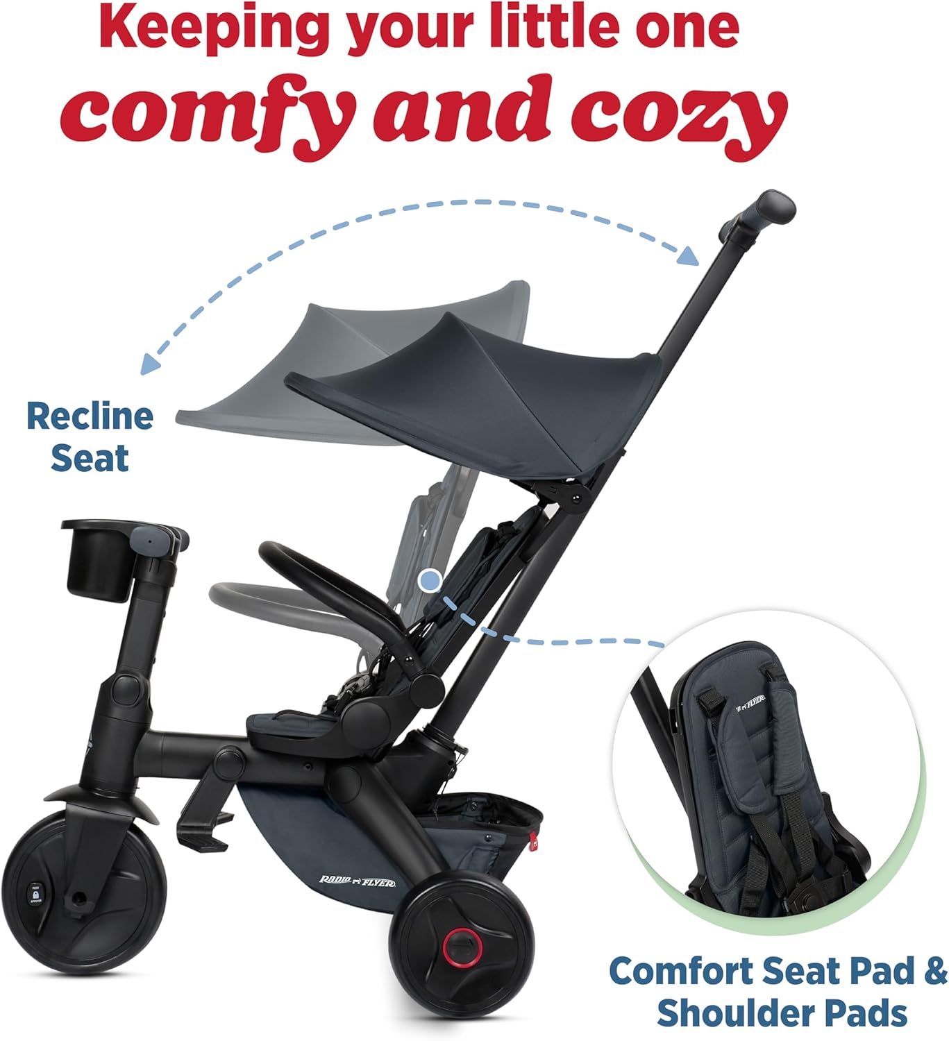 Radio Flyer Coast Folding Stroller Trike, for Kids 6 Months-3 Years, Lightweight, Compact, 4 Riding Modes, UV Canopy, 5Point Harness, Safety Bar, Cup Holder, Storage, Stroller Tricycle for Toddlers - Image 5