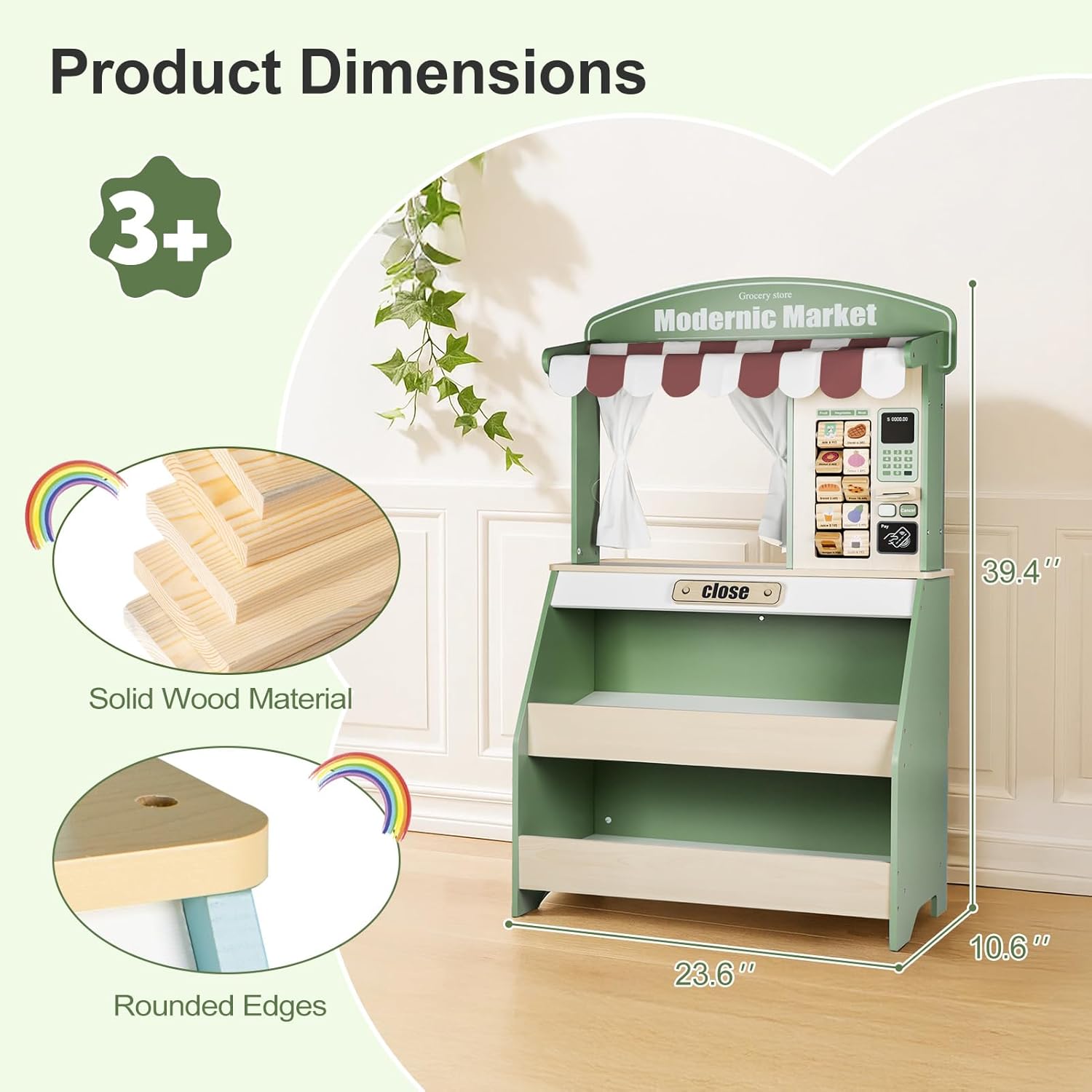 Kids Grocery Store Pretend Play, Puppet Theater&Grocery Store Playset Toy Double-Sided, Toddler Supermarket Toy Cash Register w/Blackboard, Display Shelves, Gift for Boys Girls, Green - Image 9