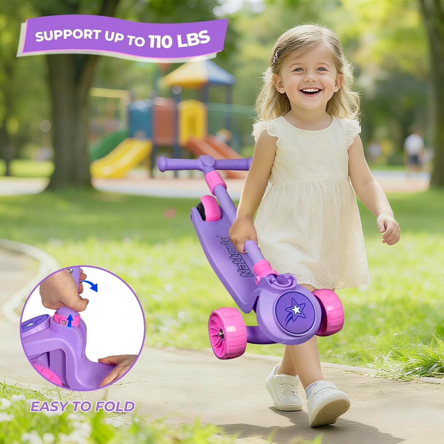 Nattork Kids Scooter for Girls Boys with Light Up Wheels, 3 Adjustable Height Handlebars, Lean-to-Steer Technology, Widen Anti-Slip Deck, 3 Wheel Scooter for kid ages 3-8, Support Riders Up to 110 LBS - Image 6