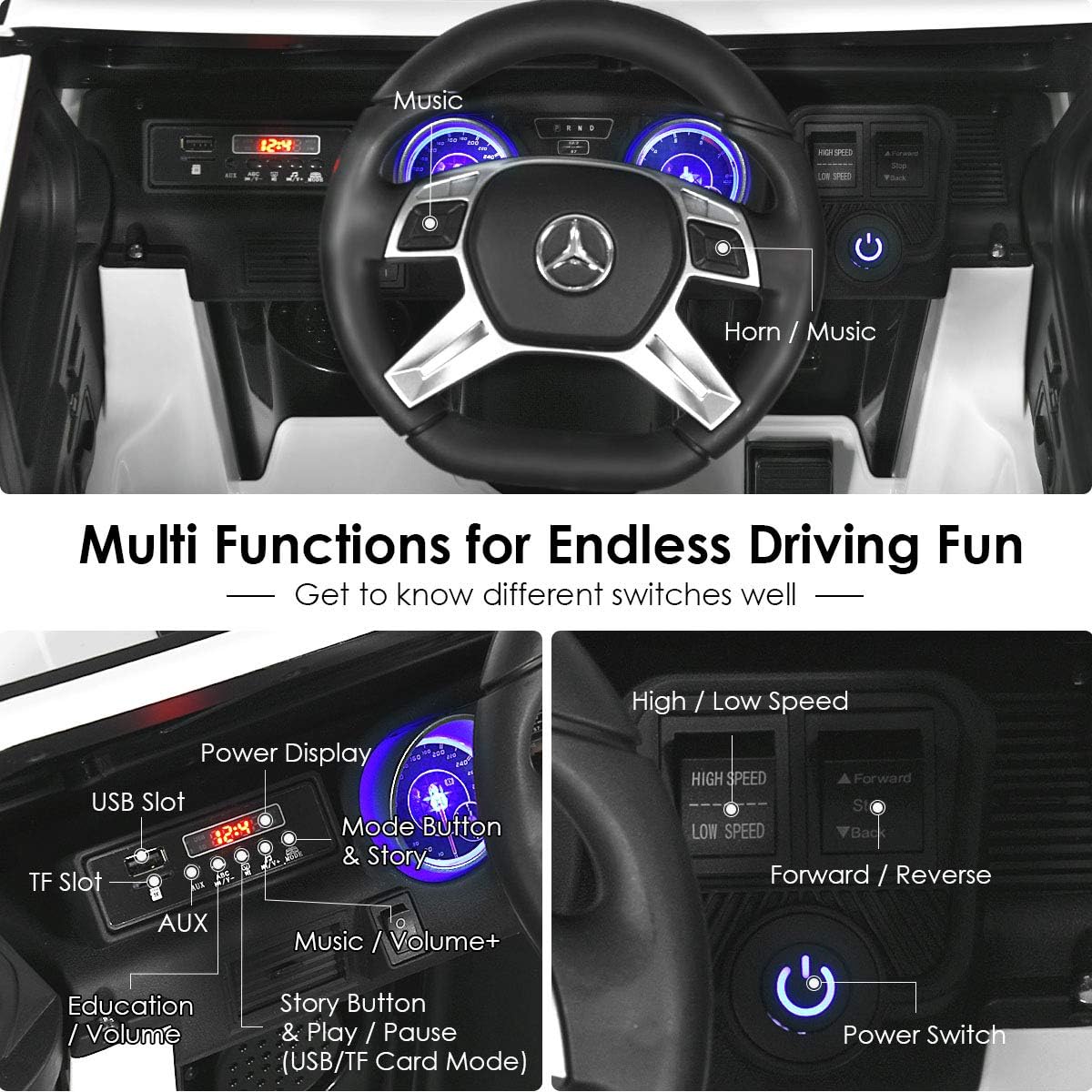 Costzon Ride on Car, Licensed Mercedes-Benz Maybach, 12V Battery Powered Vehicle Toy w/ 2 Motors, Remote Control, 3 Speeds, Lights, Horn, Music, Aux, Storage, Truck, Electric Car for Kids (White) - Image 6