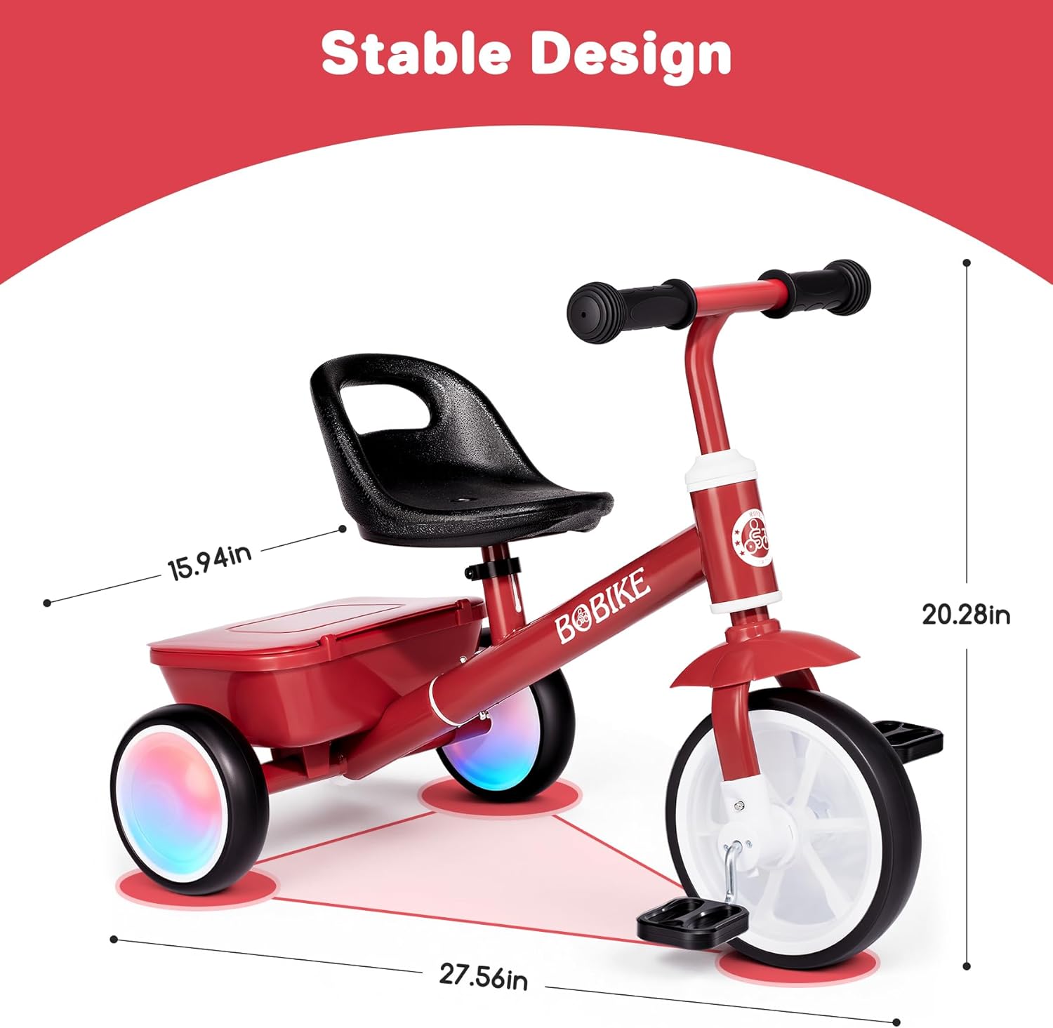 Bobike Toddler Tricycle for Ages 2-5 Years, Tricycle with 2 LED Light Wheels, Toddler Bike with 3-Position Seat and Rear Basket, Kids Bike Gift for Boys & Girl (Red) - Image 6