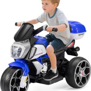 Sportpulse Kids Electric Motorcycle, 3 Wheel Ride on Trike for Boys Girls Ages 3-8, 6V Battery Powered Motorbike with LED Headlights and Storage Trunk, Blue Toddler Toy Car, Max Load 66 lbs (Blue)