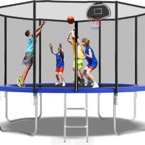 Tranpoline 10FT 12FT 14FT 16FT Tranpoline for Kids with Safety Enclosure Net Recreational Tranpoline for Adults ASTM Approval Backyard Outdoor Tranpoline with Basketball Hoop