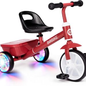 Bobike Toddler Tricycle for Ages 2-5 Years, Tricycle with 2 LED Light Wheels, Toddler Bike with 3-Position Seat and Rear Basket, Kids Bike Gift for Boys & Girl (Red)