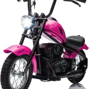 Electric Motorcycle for Kids, 24V 250W Kids Electric Dirt Bike, Two Speed Max Up to 14MPH & 60 Minutes Continuous, with Led Lights, Leather Seat, Pink
