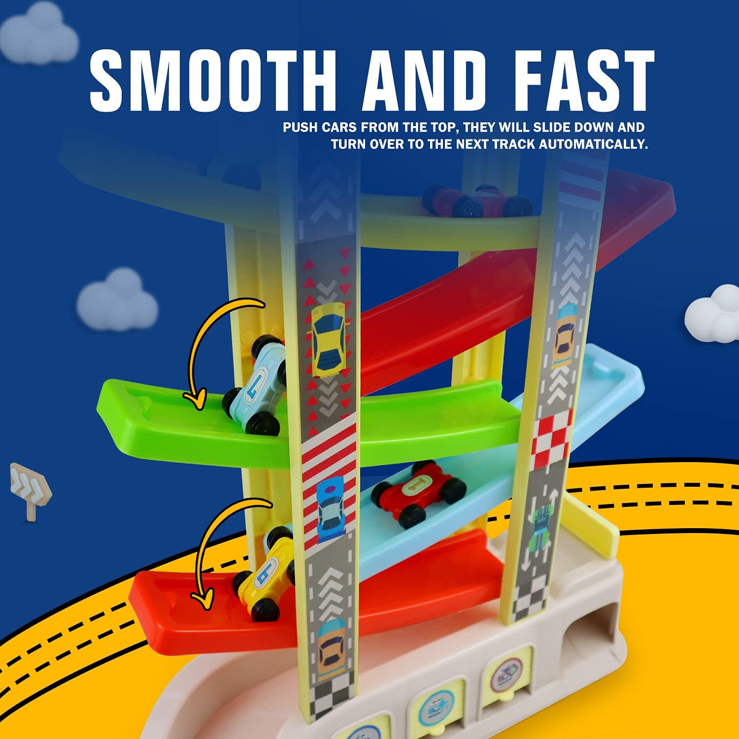 Montessori Toys for 2 3 Year Old Boys Toddlers, Car Ramp Toys with 6 Cars & Race Tracks, Garages and Parking Lots, Ramp Racer Toy Gift for Boys Girls Age 18 Months and Up, Multicolor - Image 7