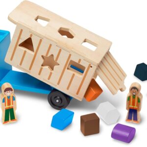 Melissa & Doug Shape-Sorting Dump Truck Wooden Toy with 9 Blocks and 2 Toy Figures – Montessori Toys and Toddler Toys for Preschool Learning Activities