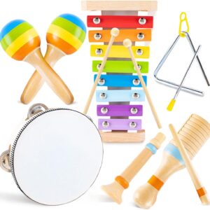 Toys for 1 2 Year Old Boys Girls Birthday Gifts, Wooden Musical Instruments for Toddlers 1-3, Educational Baby Drum Set with Xylophone & Maracas and More, Music Toys for Toddler Preschool