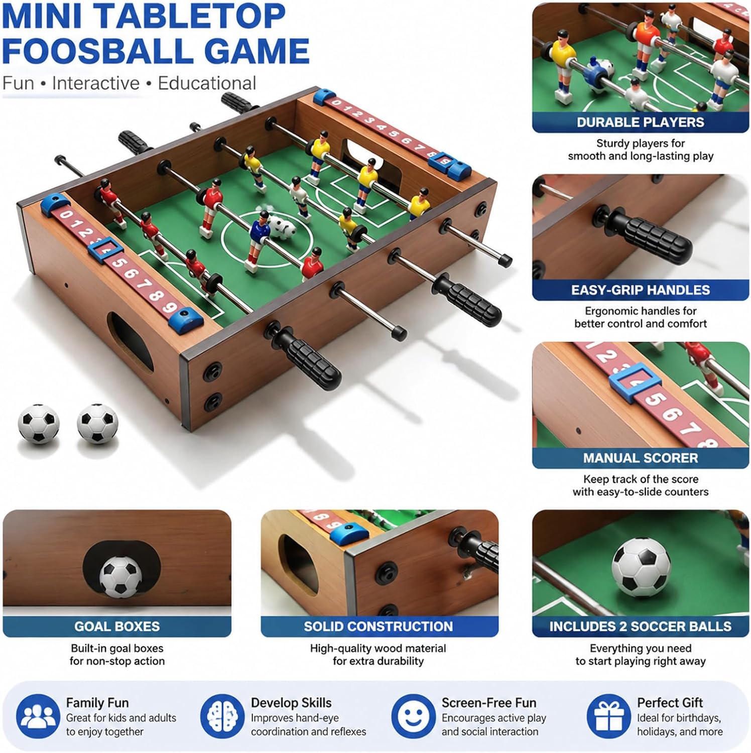 Saycker Table Foosball, Mini Football Table Soccer Tabletops Wood Football Table Top w/Footballs, Game Accessories for Adults Family Night Parties Entertainment - Image 5