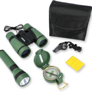 Carson AdventurePak Containing 30mm Kids Field Binoculars, Lensatic Compass, Flashlight and Signal Whistle with a Built-in Thermometer (HU-401), Multicolor