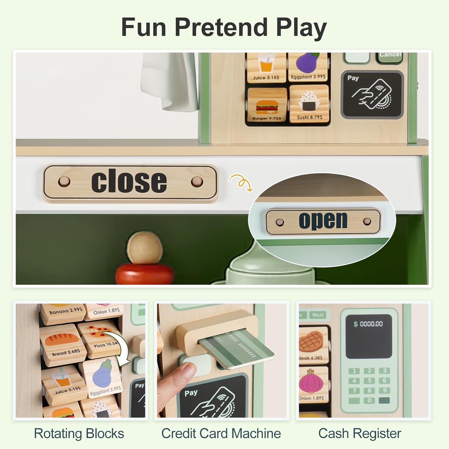 Kids Grocery Store Pretend Play, Puppet Theater&Grocery Store Playset Toy Double-Sided, Toddler Supermarket Toy Cash Register w/Blackboard, Display Shelves, Gift for Boys Girls, Green - Image 6