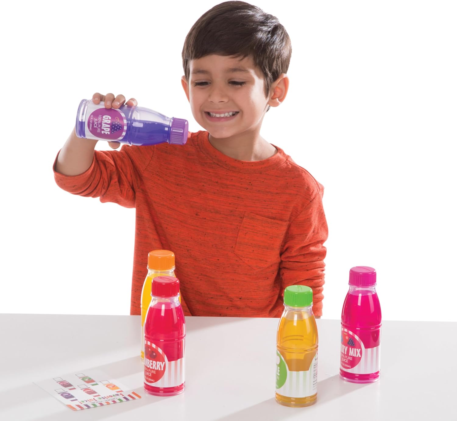 Melissa & Doug Tip & Sip Toy Juice Bottles and Activity Card (6 Pcs) Pretend Play Food Set, Play Kitchen Food For Ages 3+ - Image 3