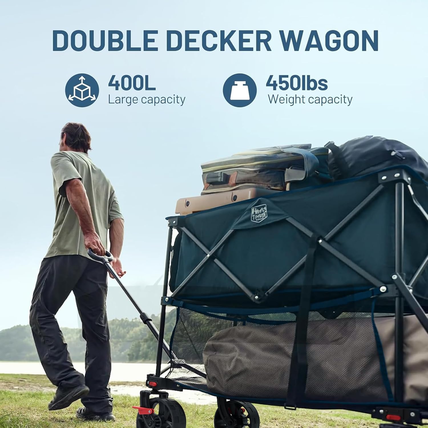 TIMBER RIDGE 400L Large Capacity Folding Double Decker Wagon with Brakes, 54" Extra Long Extender Wagon Cart, 450lbs Heavy Duty Collapsible Cart, All-Terrain Big Wheels for Camping, Sports, Shopping - Image 2