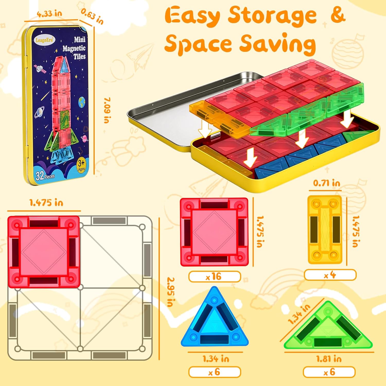 Magnetic Tiles Magnetic Blocks Building Toy: Portable Mini Magnetic Tiles Travel Set 32 Pieces Montessori Toys Birthday Gift for Kids Girls and Boys Ages 3-12 Years Old Preschool Classroom Must Haves - Image 7