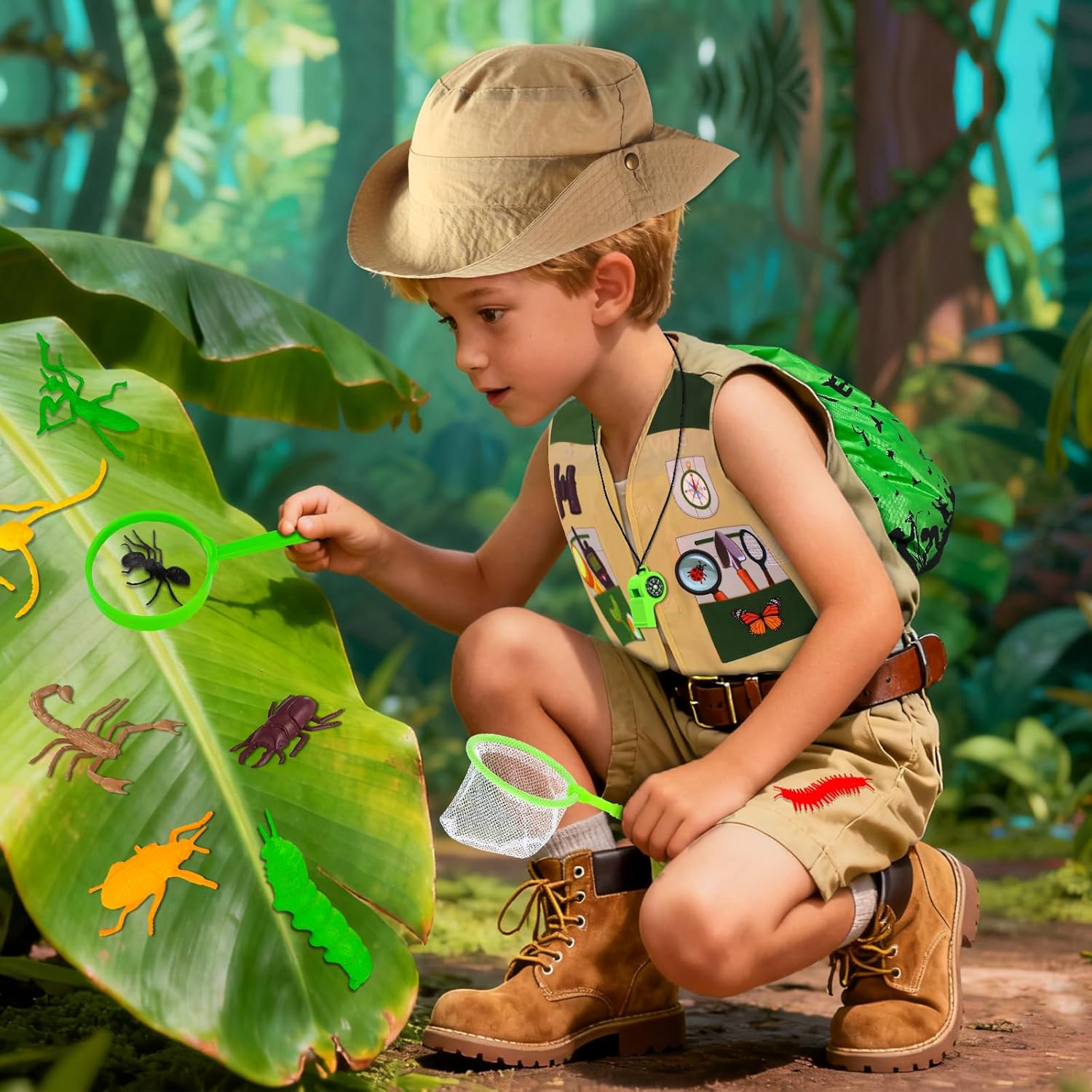 Kyson Kids Explorer Costume and Bug Catcher Kit 22Pcs with Vest,Hat,Net,Tweezers-Safari Camping Adventure Gear for Outdoor Exploration Ages 3-8 Boys Girls (Khaki) - Image 6