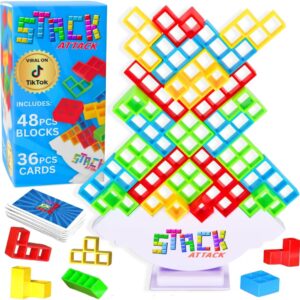 Stack Attack Tower Game, Fun Balance Games for Kids & Adults, Family Game Night Building Block and Stacking Gifts, Includes 48 Pcs & 36 Cards, Novelty Toy Gift