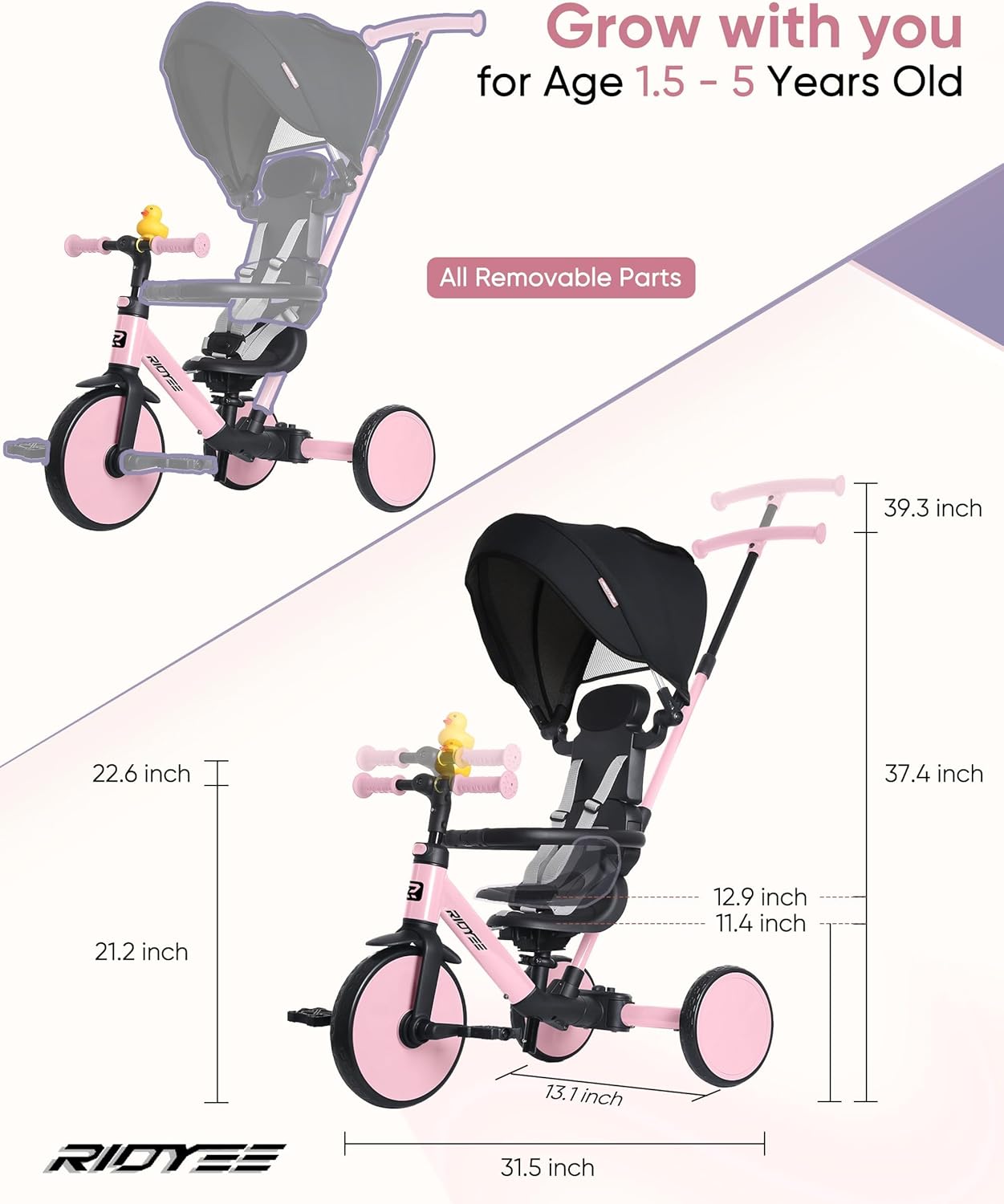 RIDYEE 8-in-1 Tricycle for 1.5-5 Years, Tool-Free Switch, Toddler Tricycle with Parent Steering Control Handle for 1.5 to 5 Yrs, Toddler Trike 1.5-3 Years with 5-Point Harness and Large Canopy, Pink - Image 7