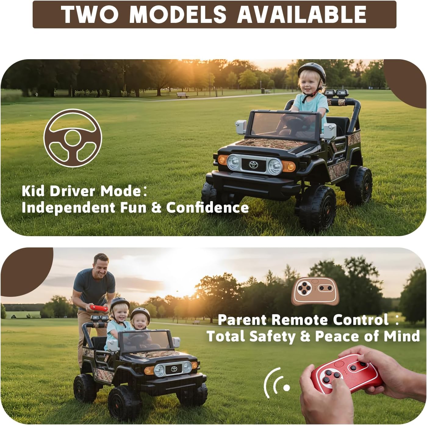 24V Ride on Toys for Kids, Licensed Toyota FJ, 2 Seater Ride on Car with Remote Control, Electric Car w/ 4-Wheeler Suspension, Led Light, Music, USB, Electric Vehicle for Age 3-8, Camouflage - Image 3