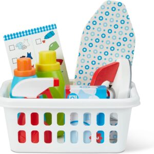 Melissa & Doug Laundry Basket Play Set with Wooden Iron, Ironing Board, and Accessories (14 Pcs) Pretend Play Laundry Set for Kids with Iron